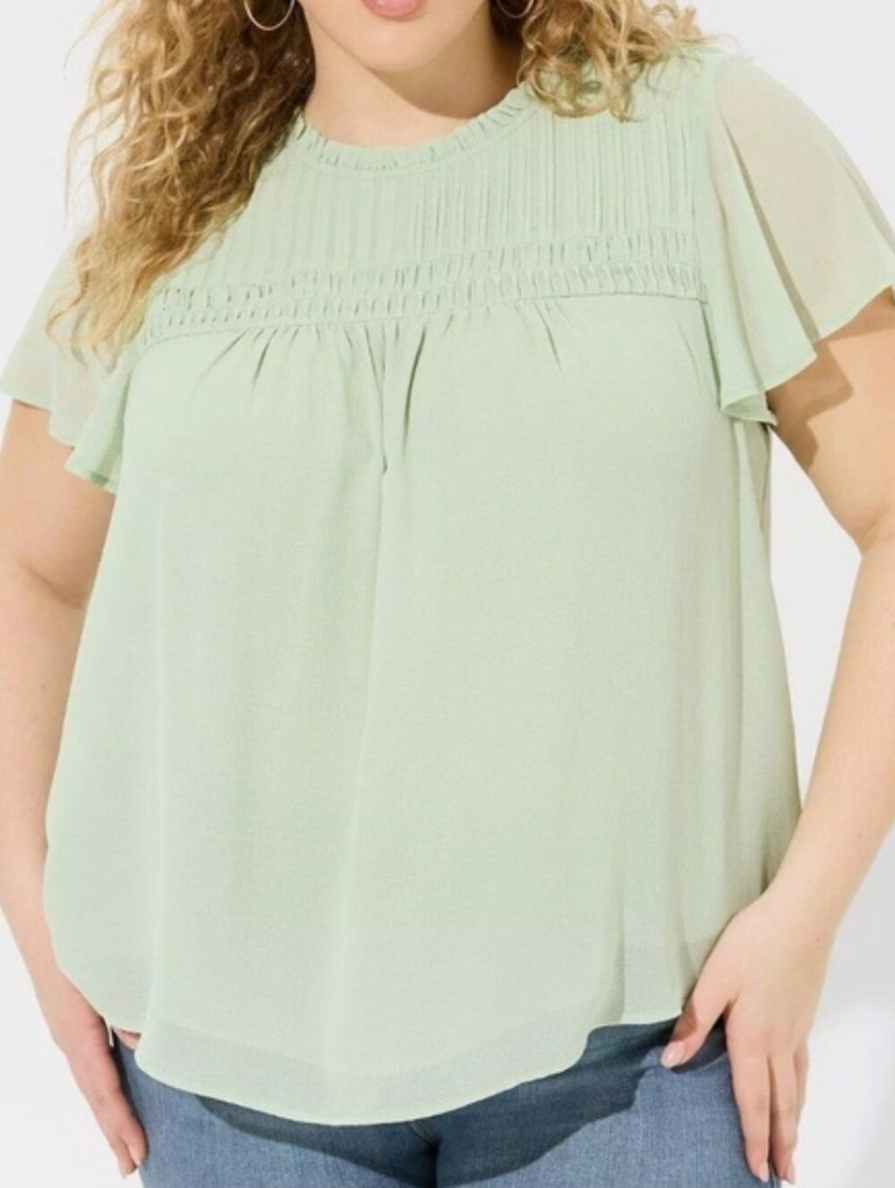 Torrid Mint Green Chiffon Smocked Pintuck Flutter Short Sleeve Blouse Size 2 2x